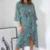 Navy Green And Pink Printed Wrap Tie Front Midi Dress