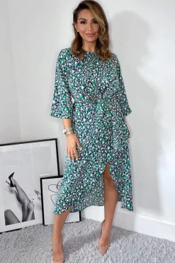 Navy Green And Pink Printed Wrap Tie Front Midi Dress