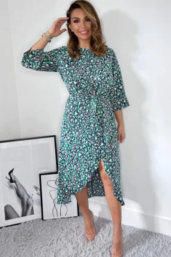 Navy Green And Pink Printed Wrap Tie Front Midi Dress