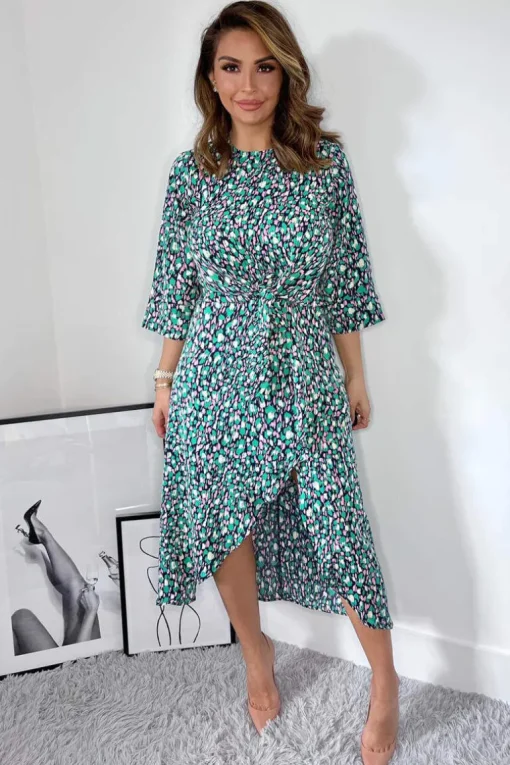 Navy Green And Pink Printed Wrap Tie Front Midi Dress