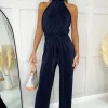 Navy Halter Neck Plisse Jumpsuit