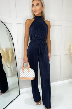Navy Halter Neck Plisse Jumpsuit