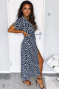 Navy Heart Print Short Sleeve Midi Dress