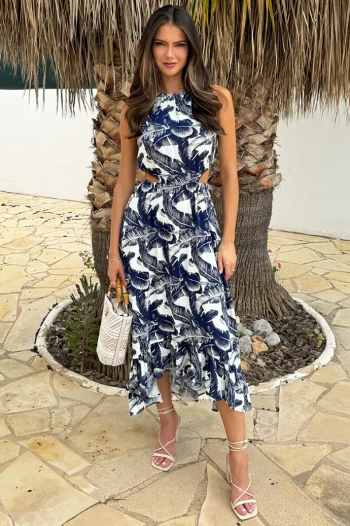 Navy Leaf Print Waist Cut Out Frill Hem Midi Dress
