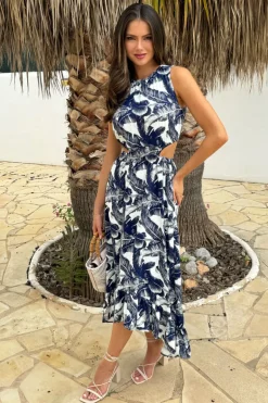 Navy Leaf Print Waist Cut Out Frill Hem Midi Dress