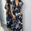 Navy Marble Print Short Sleeve Ruffle Midi Dress