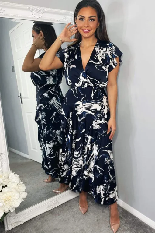 Navy Marble Print Short Sleeve Ruffle Midi Dress