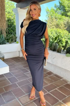 Navy Off The Shoulder Draped Top Midi Dress