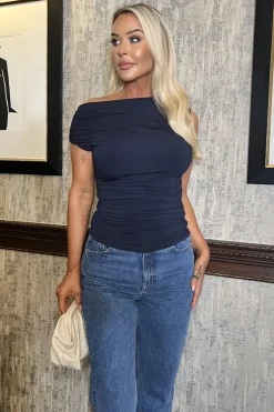 Navy Off The Shoulder Ruched Waist Draped Top