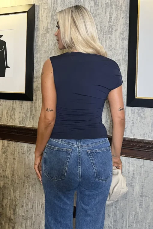 Navy Off The Shoulder Ruched Waist Draped Top
