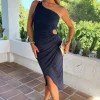 Navy One Shoulder Cut Out Detail Draped Wrap Midi Dress