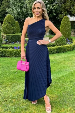 Navy One Shoulder Cut Out Pleated Midi Dress