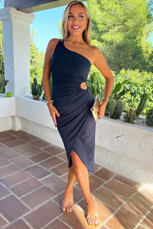 Navy One Shoulder Cut Out Detail Draped Wrap Midi Dress