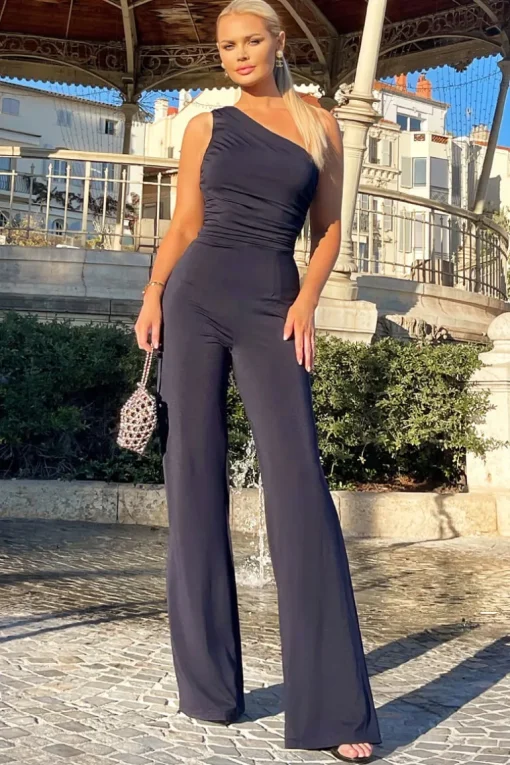 Navy One Shoulder Ruched Top Slinky Jumpsuit