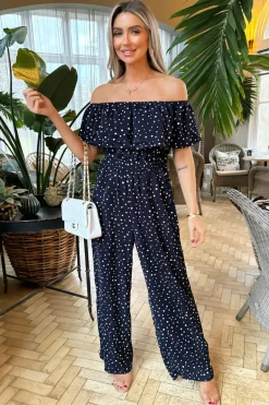 Navy Polka Dot Bardot Jumpsuit