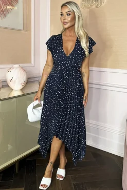 Navy Polka Dot Print Wrap Top Zig Zag Hem Pleated Midi Dress