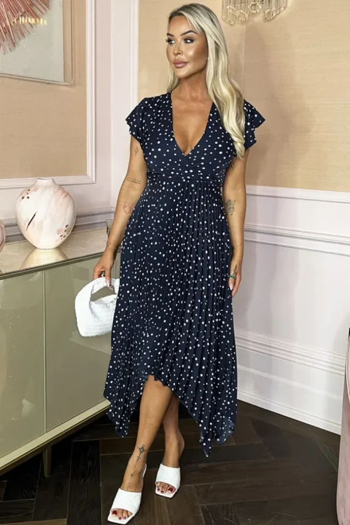 Navy Polka Dot Print Wrap Top Zig Zag Hem Pleated Midi Dress