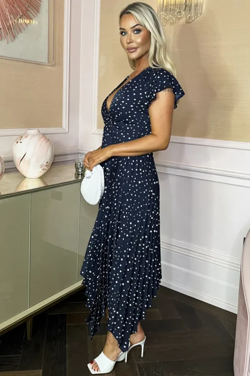 Navy Polka Dot Print Wrap Top Zig Zag Hem Pleated Midi Dress