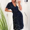 Navy Polka Dot Wrap Top Belted Pleated Midi Dress