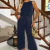 Navy Racer Neck Tie Waist Jumpsuit