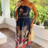 Navy Safari Print Strapless Shirred Waist Side Split Midi Dress
