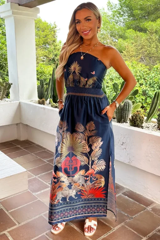Navy Safari Print Strapless Shirred Waist Side Split Midi Dress