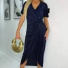 Navy Short Sleeve Plisse Wrap Midi Dress