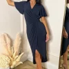 Navy Short Sleeve Ring Detail Wrap Midi Dress