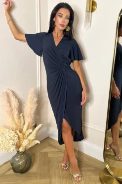 Navy Short Sleeve Ring Detail Wrap Midi Dress