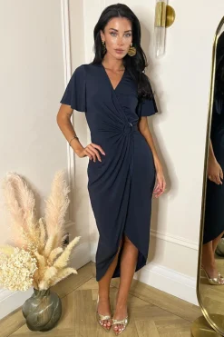 Navy Short Sleeve Ring Detail Wrap Midi Dress