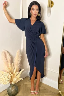 Navy Short Sleeve Ring Detail Wrap Midi Dress