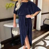 Navy Short Sleeve Tie Waist Plisse Midi Dress