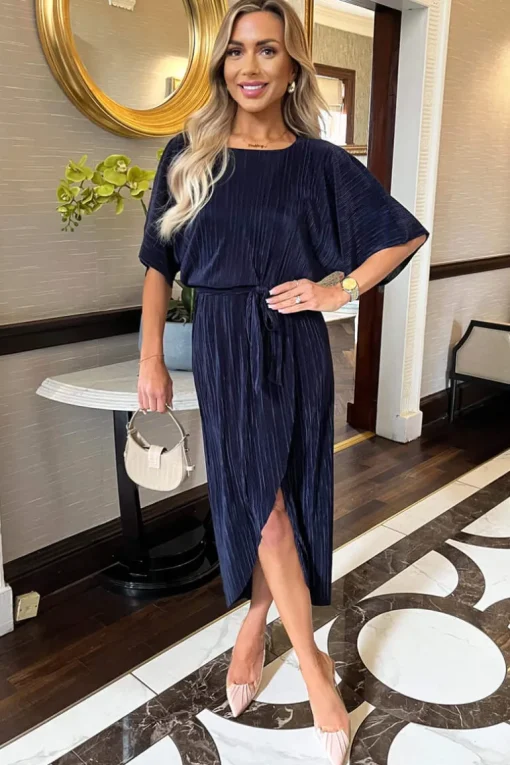 Navy Short Sleeve Tie Waist Plisse Midi Dress