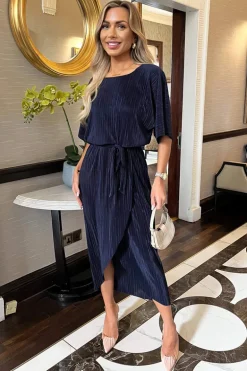 Navy Short Sleeve Tie Waist Plisse Midi Dress