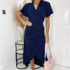 Navy Short Sleeve V Neck Gold Buckle Wrap Midi Dress
