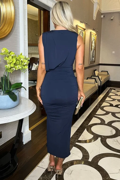 Navy Sleeveless Draped Top Ruched Skirt Midi Dress