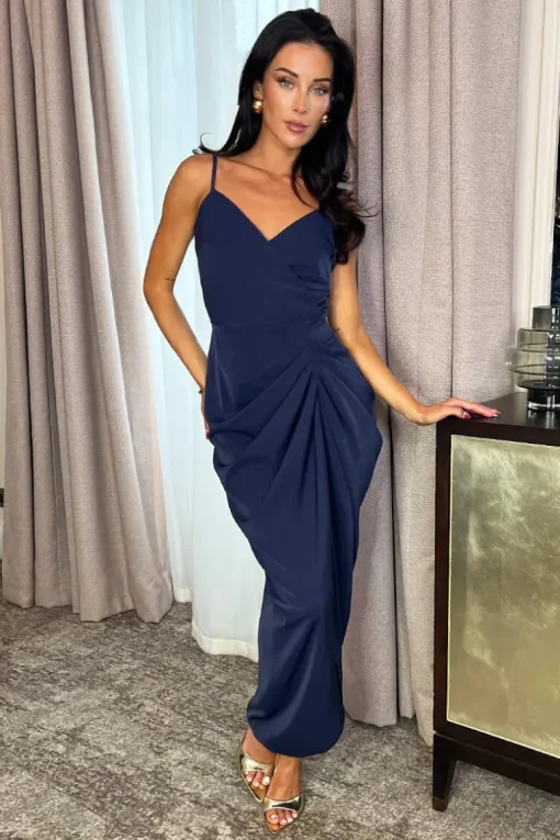Navy Strappy Wrap Top Gathered Skirt Maxi Dress