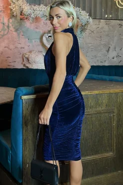 Navy Velvet Halterneck Midi Dress