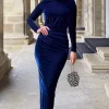 Navy Velvet Long Sleeve Split Skirt Midi Dress