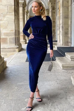 Navy Velvet Long Sleeve Split Skirt Midi Dress