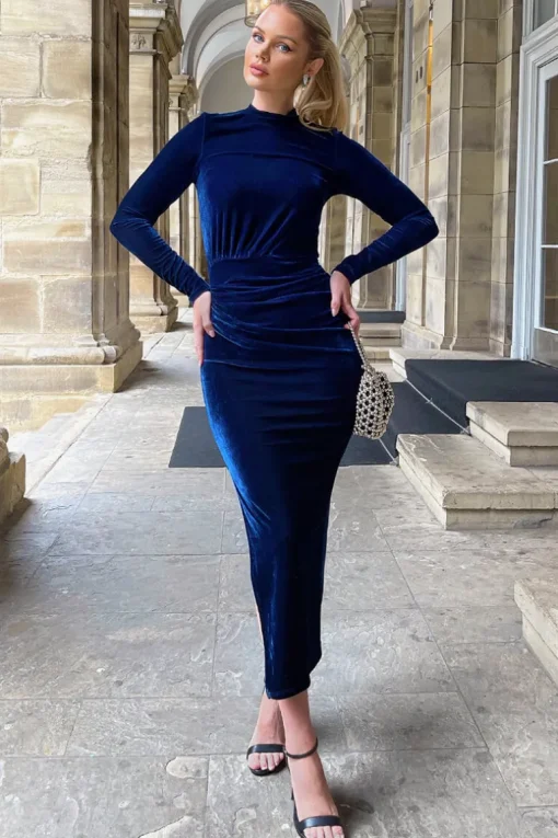 Navy Velvet Long Sleeve Split Skirt Midi Dress