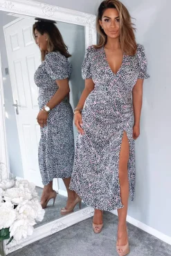 Navy White And Pink Printed Ruched Side Midi Dress