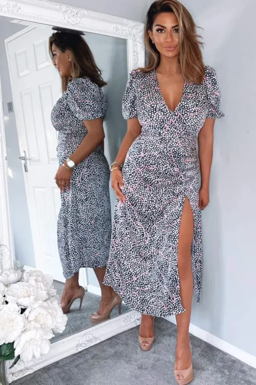 Navy White And Pink Printed Ruched Side Midi Dress