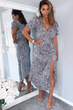 Navy White And Pink Printed Ruched Side Midi Dress