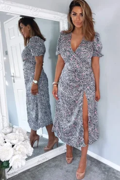 Navy White And Pink Printed Ruched Side Midi Dress