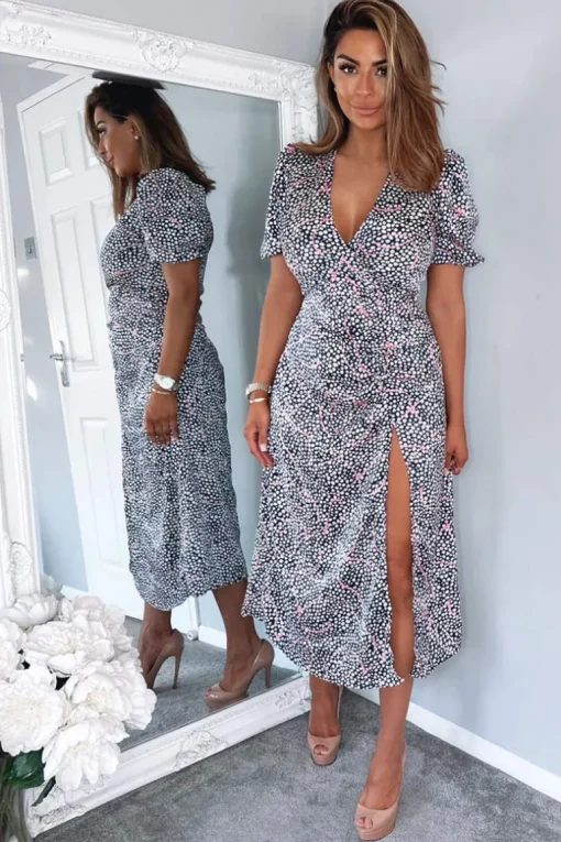 Navy White And Pink Printed Ruched Side Midi Dress