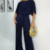 Navy Wide Sleeve Tie Waist Plisse Jumpsuit