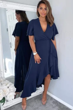Navy Wrap Over Top Frill Hem Midi Dress