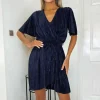 Navy Wrap Top Belted Short Sleeve Plisse Mini Dress