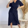 Navy Wrap Top Belted Short Sleeve Plisse Midi Dress